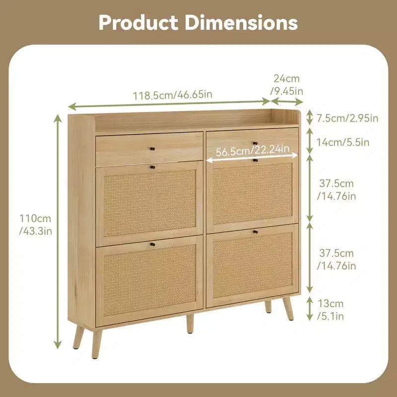 Acekool Scarpiera in Rattan, 4 Cassetti a Ribalta e 2 Cassetti, Organizer Boho per Ingresso, Corridoio, Soggiorno, Rovere Naturale