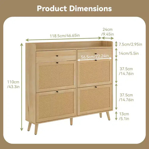 Acekool Scarpiera in Rattan, 4 Cassetti a Ribalta e 2 Cassetti, Organizer Boho per Ingresso, Corridoio, Soggiorno, Rovere Naturale