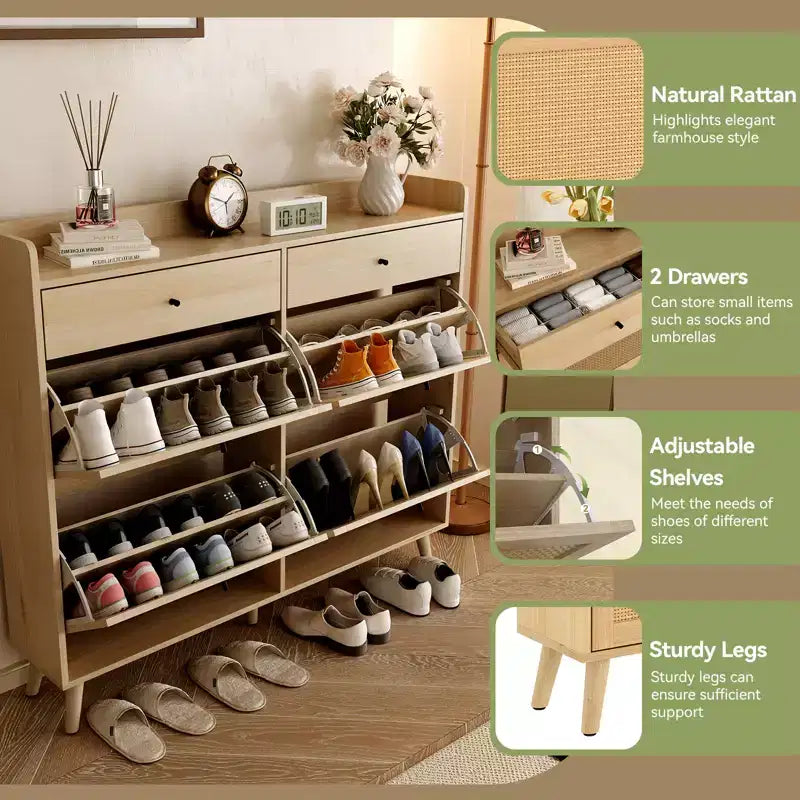 Acekool Scarpiera in Rattan, 4 Cassetti a Ribalta e 2 Cassetti, Organizer Boho per Ingresso, Corridoio, Soggiorno, Rovere Naturale