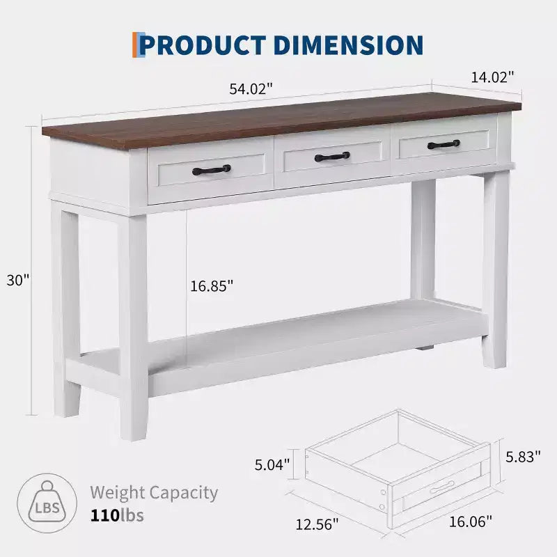 Consolle da ingresso da 54" con 3 cassetti, tavolino stretto in legno a 2 ripiani da mettere dietro al divano, tavolo rettangolare da corridoio per ingresso o soggiorno