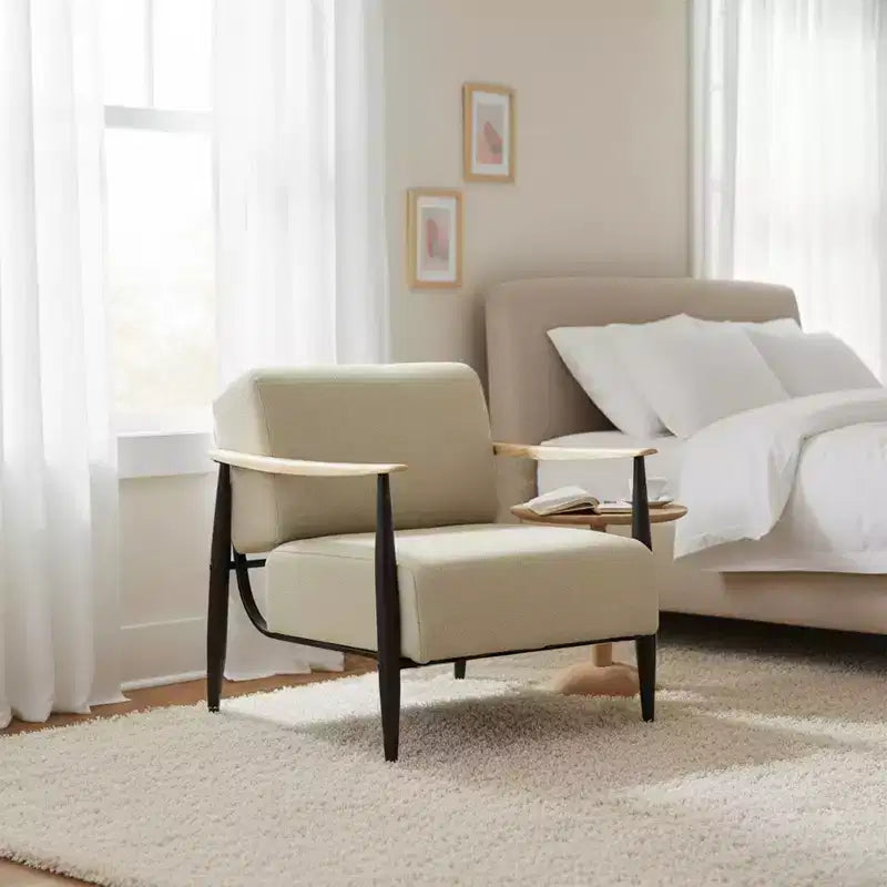 Poltrona accent FurnitureR Mid-Century Modern, beige, con telaio in rovere massiccio, comoda poltrona da lettura per soggiorno, camera da letto, ufficio