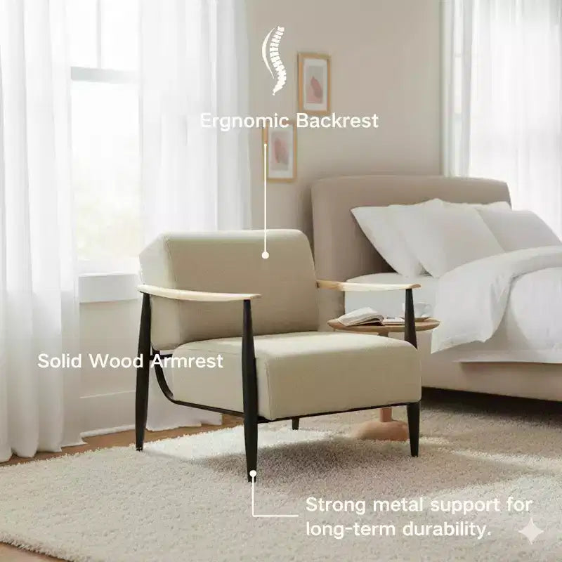 Poltrona accent FurnitureR Mid-Century Modern, beige, con telaio in rovere massiccio, comoda poltrona da lettura per soggiorno, camera da letto, ufficio