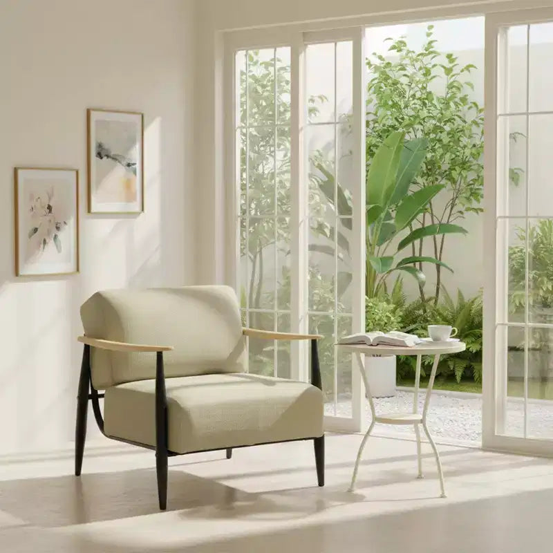 Poltrona accent FurnitureR Mid-Century Modern, beige, con telaio in rovere massiccio, comoda poltrona da lettura per soggiorno, camera da letto, ufficio