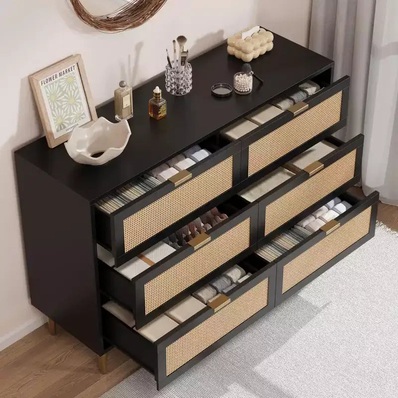 Comò Acekool in Rattan con 6 Cassetti, Cassettiera Moderna con Gambe e Maniglie Dorate, Comò Doppio Ampio, Antiribaltamento, per Camera da Letto e Soggiorno