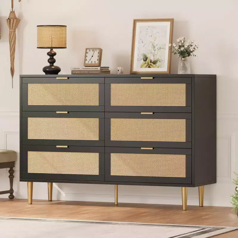 Acekool Rattan 6 Drawer Dresser, Modern Chest with Gold Legs & Handles, Wide Double Dresser, Anti-Tip, for Bedroom & Living Room