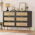 Acekool Rattan 6 Drawer Dresser, Modern Chest with Gold Legs & Handles, Wide Double Dresser, Anti-Tip, for Bedroom & Living Room