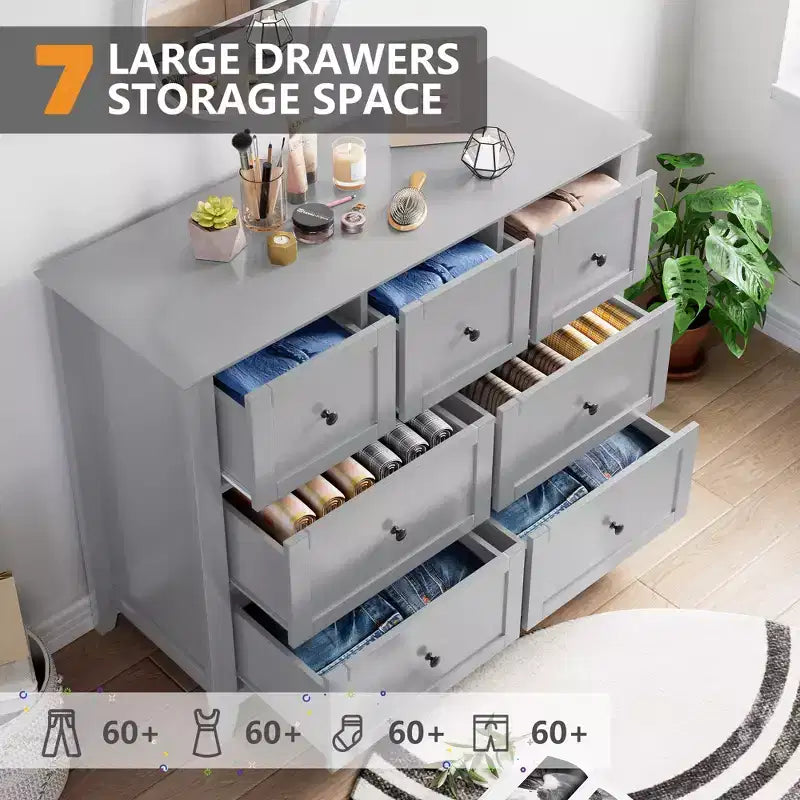 Cassettiera Acekool a 7 cassetti, cassettiera moderna in legno, cassetti profondi e piano ampio, anti-ribaltamento di sicurezza, per camera da letto, soggiorno