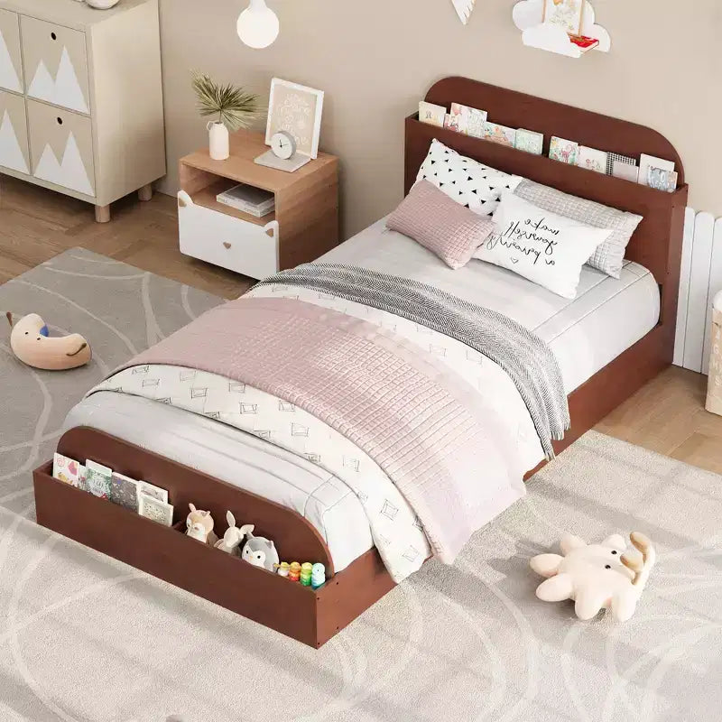 Struttura letto singola, doghe in legno resistenti, con testiera contenitore e pediera rialzata, non è necessario il box spring, facile da montare, per ragazzi e ragazze