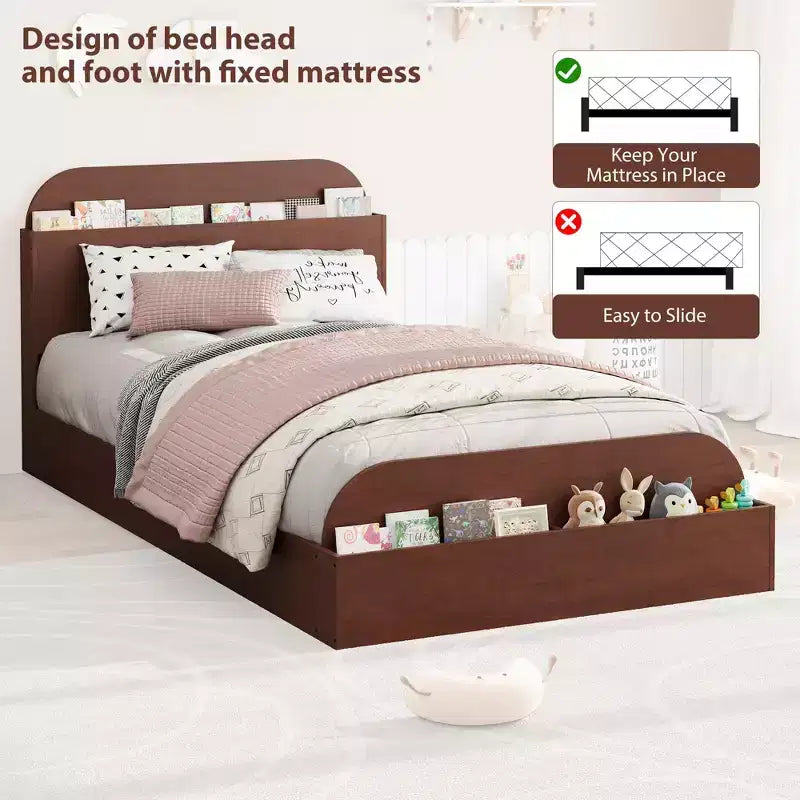 Struttura letto singola, doghe in legno resistenti, con testiera contenitore e pediera rialzata, non è necessario il box spring, facile da montare, per ragazzi e ragazze