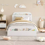 Struttura letto singola, doghe in legno resistenti, con testiera contenitore e pediera rialzata, non è necessario il box spring, facile da montare, per ragazzi e ragazze