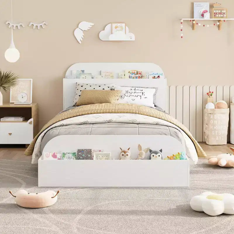 Struttura letto singola, doghe in legno resistenti, con testiera contenitore e pediera rialzata, non è necessario il box spring, facile da montare, per ragazzi e ragazze