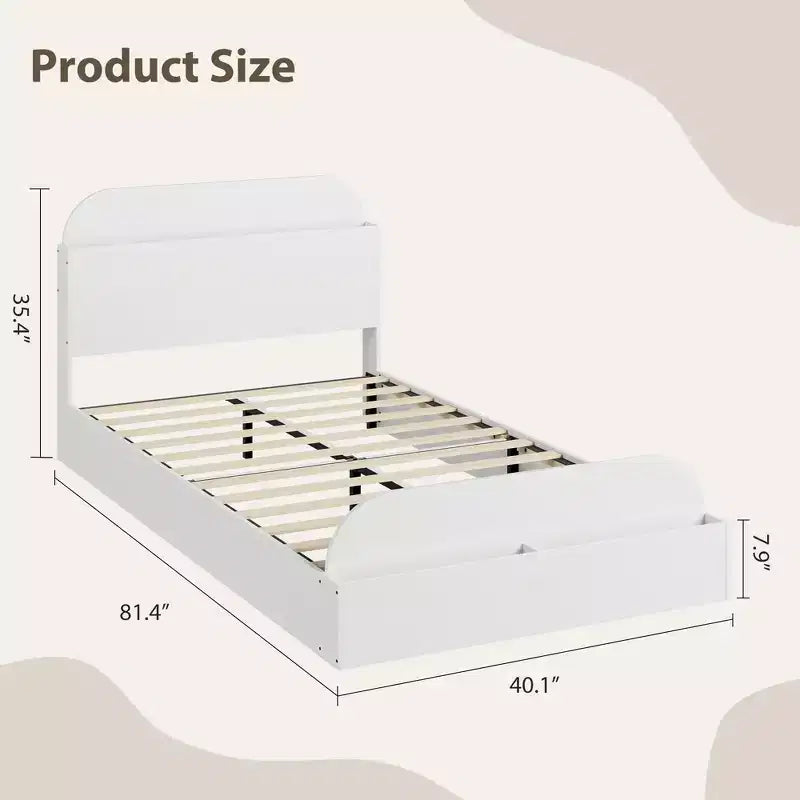 Struttura letto singola, doghe in legno resistenti, con testiera contenitore e pediera rialzata, non è necessario il box spring, facile da montare, per ragazzi e ragazze