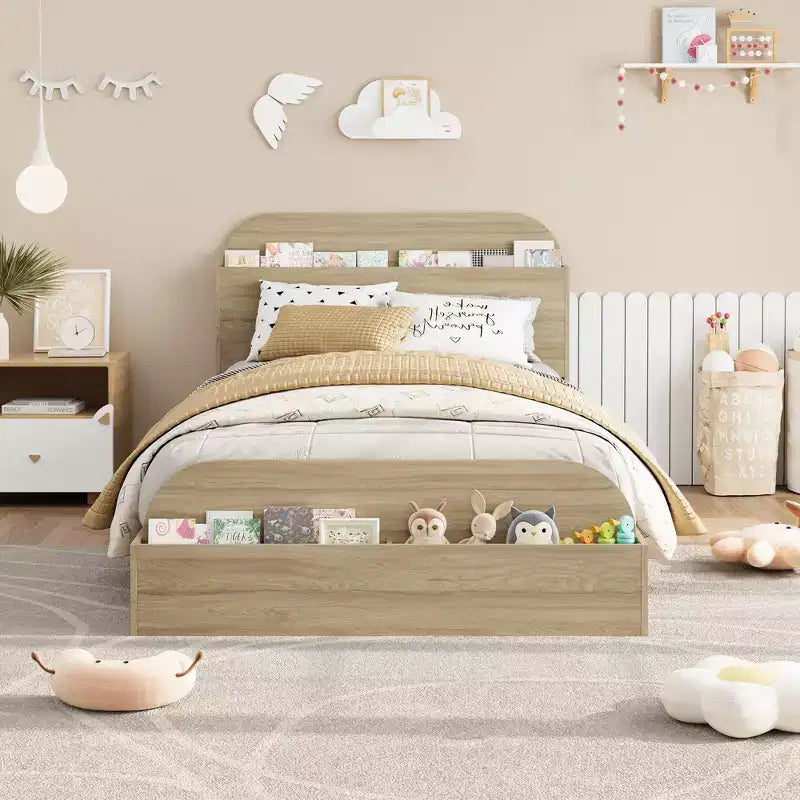 Struttura letto singola, doghe in legno resistenti, con testiera contenitore e pediera rialzata, non è necessario il box spring, facile da montare, per ragazzi e ragazze