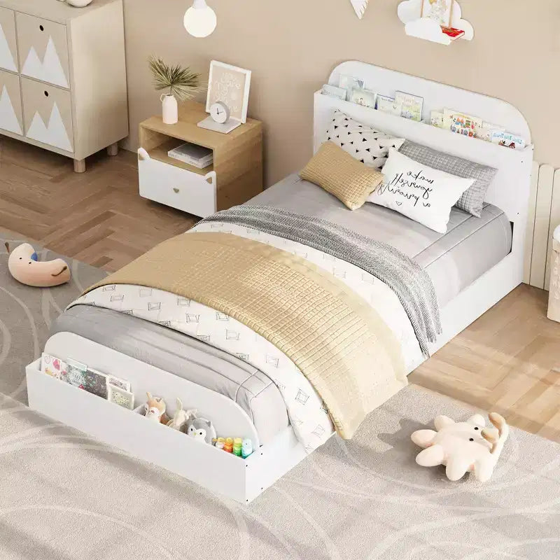 Struttura letto singola, doghe in legno resistenti, con testiera contenitore e pediera rialzata, non è necessario il box spring, facile da montare, per ragazzi e ragazze