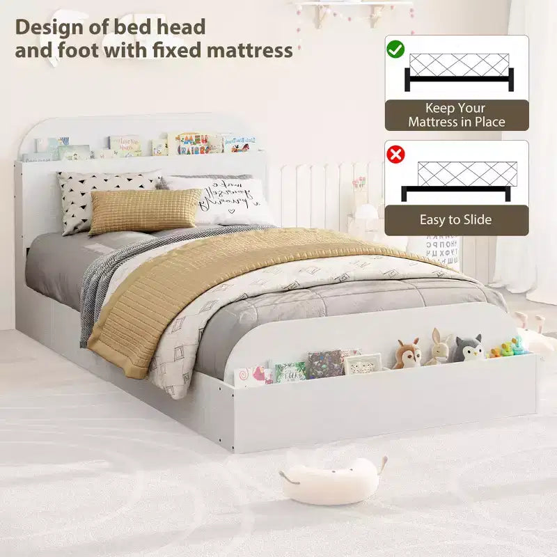 Struttura letto singola, doghe in legno resistenti, con testiera contenitore e pediera rialzata, non è necessario il box spring, facile da montare, per ragazzi e ragazze