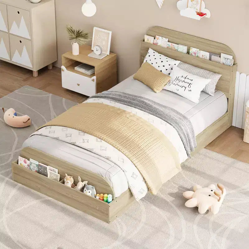 Struttura letto singola, doghe in legno resistenti, con testiera contenitore e pediera rialzata, non è necessario il box spring, facile da montare, per ragazzi e ragazze