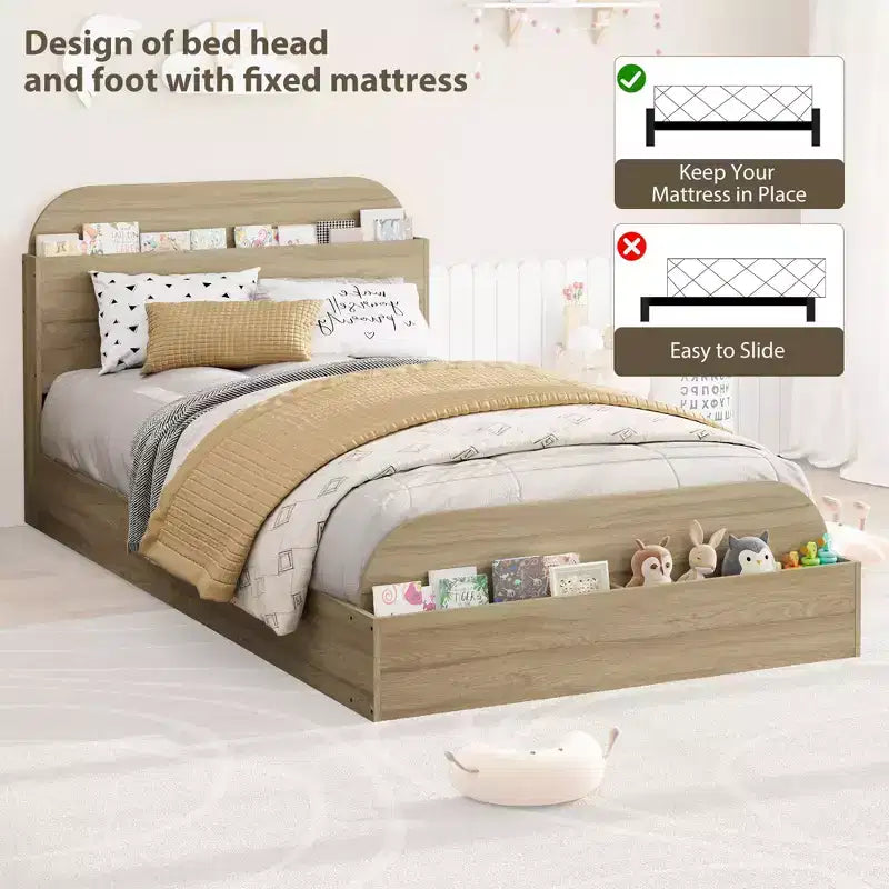Struttura letto singola, doghe in legno resistenti, con testiera contenitore e pediera rialzata, non è necessario il box spring, facile da montare, per ragazzi e ragazze