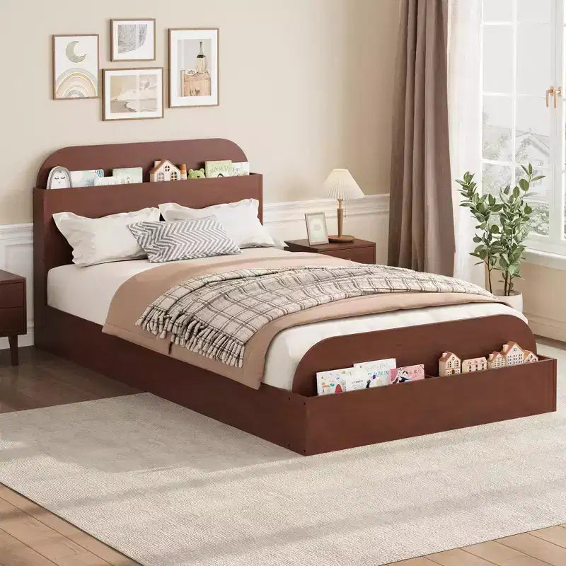 Struttura letto singola, doghe in legno resistenti, con testiera contenitore e pediera rialzata, non è necessario il box spring, facile da montare, per ragazzi e ragazze