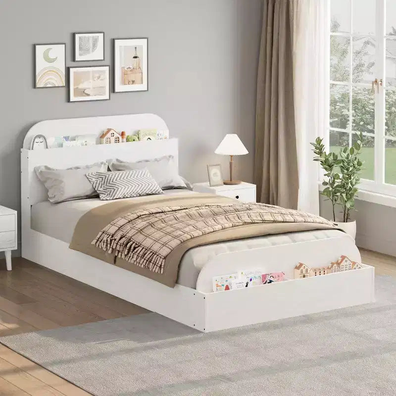 Struttura letto singola, doghe in legno resistenti, con testiera contenitore e pediera rialzata, non è necessario il box spring, facile da montare, per ragazzi e ragazze