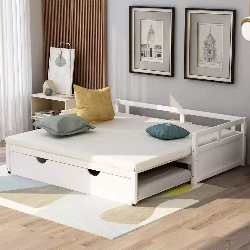 Okak Letto a Divano Estensibile per una Piazza e Mezza con Letto Estraibile/Cassetti e Spondine di Sicurezza, Struttura del Letto a Piattaforma in Legno Massello per Ragazzi e Adulti