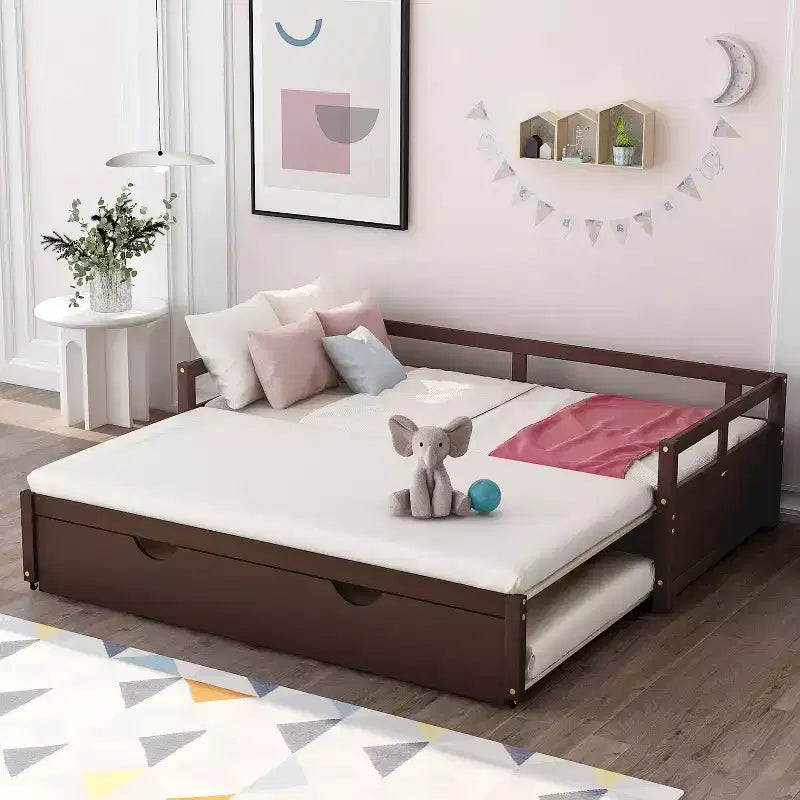 Okak Letto a Divano Estensibile per una Piazza e Mezza con Letto Estraibile/Cassetti e Spondine di Sicurezza, Struttura del Letto a Piattaforma in Legno Massello per Ragazzi e Adulti