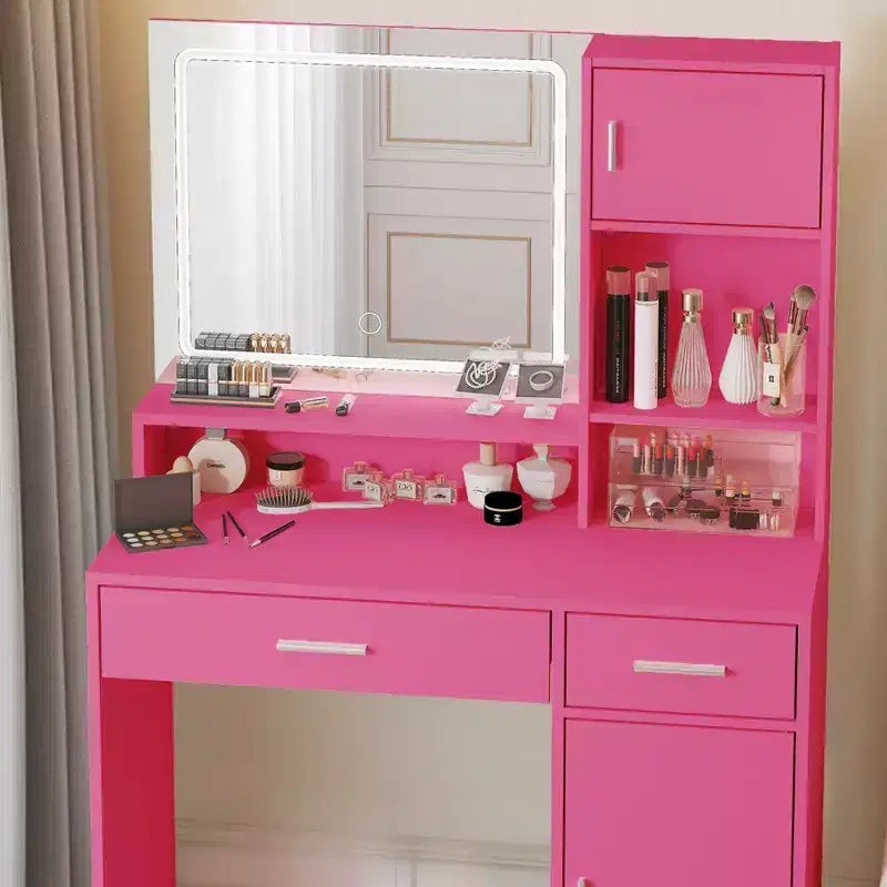 Tocador Okak con ampio specchio rettangolare, Toeletta per trucco con cassettiera a 3 livelli, Tocador compatto per camera da letto, Sala trucco