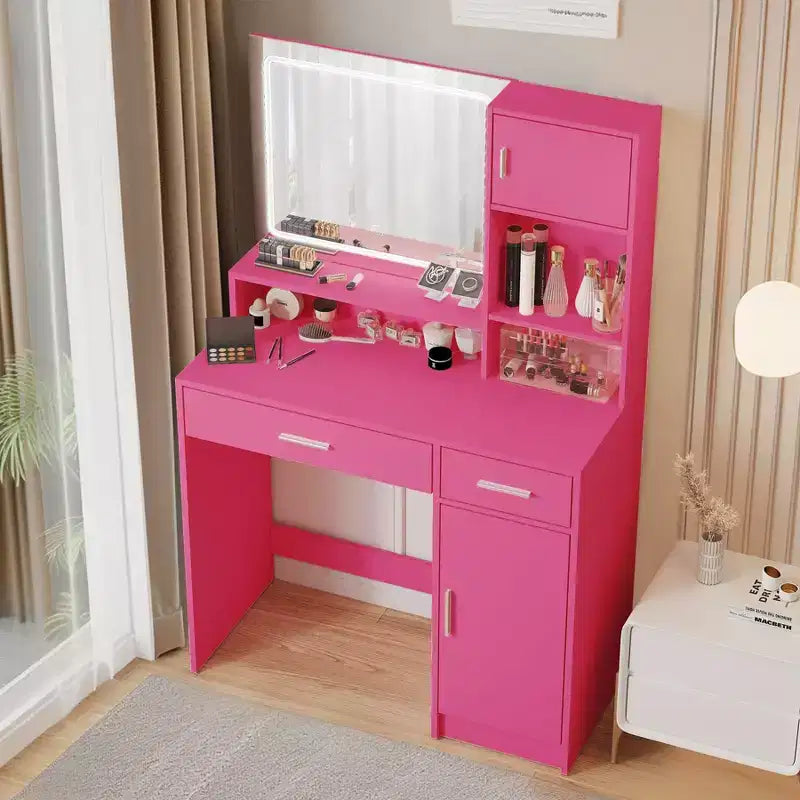 Tocador Okak con ampio specchio rettangolare, Toeletta per trucco con cassettiera a 3 livelli, Tocador compatto per camera da letto, Sala trucco