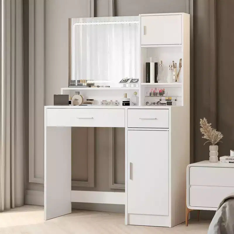 Tocador Okak con ampio specchio rettangolare, Toeletta per trucco con cassettiera a 3 livelli, Tocador compatto per camera da letto, Sala trucco