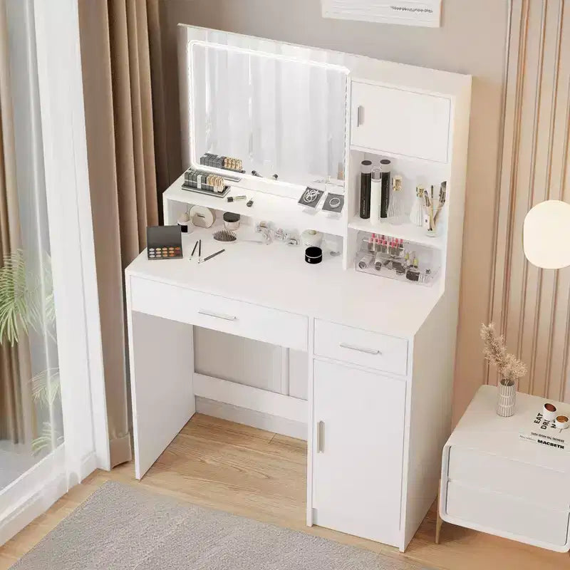 Tocador Okak con ampio specchio rettangolare, Toeletta per trucco con cassettiera a 3 livelli, Tocador compatto per camera da letto, Sala trucco