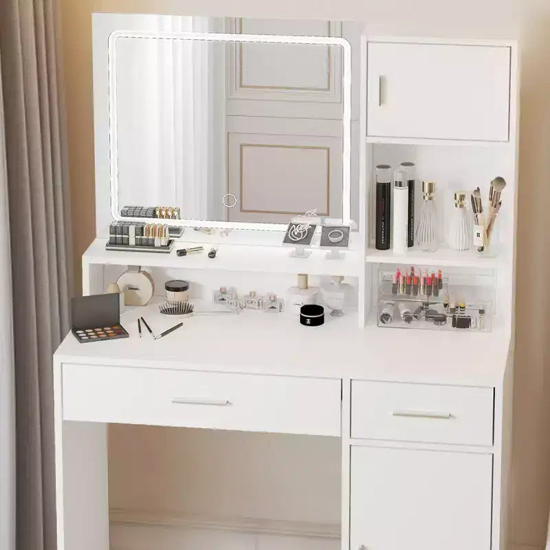Tocador Okak con ampio specchio rettangolare, Toeletta per trucco con cassettiera a 3 livelli, Tocador compatto per camera da letto, Sala trucco