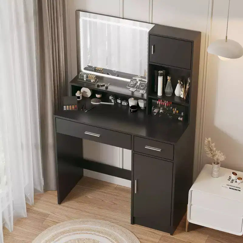 Tocador Okak con ampio specchio rettangolare, Toeletta per trucco con cassettiera a 3 livelli, Tocador compatto per camera da letto, Sala trucco
