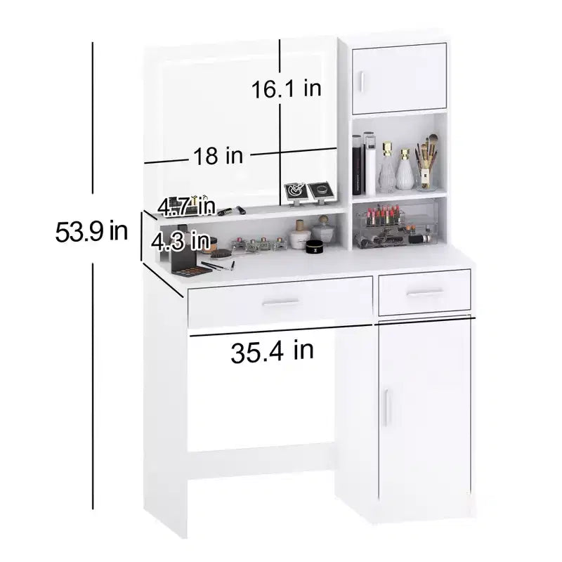 Tocador Okak con ampio specchio rettangolare, Toeletta per trucco con cassettiera a 3 livelli, Tocador compatto per camera da letto, Sala trucco