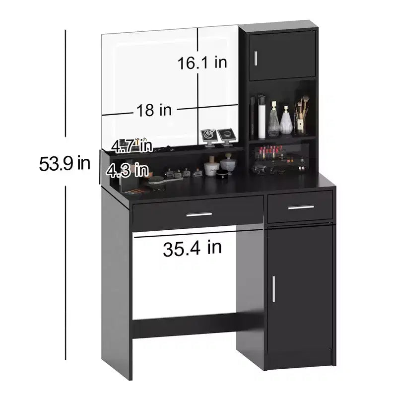 Tocador Okak con ampio specchio rettangolare, Toeletta per trucco con cassettiera a 3 livelli, Tocador compatto per camera da letto, Sala trucco