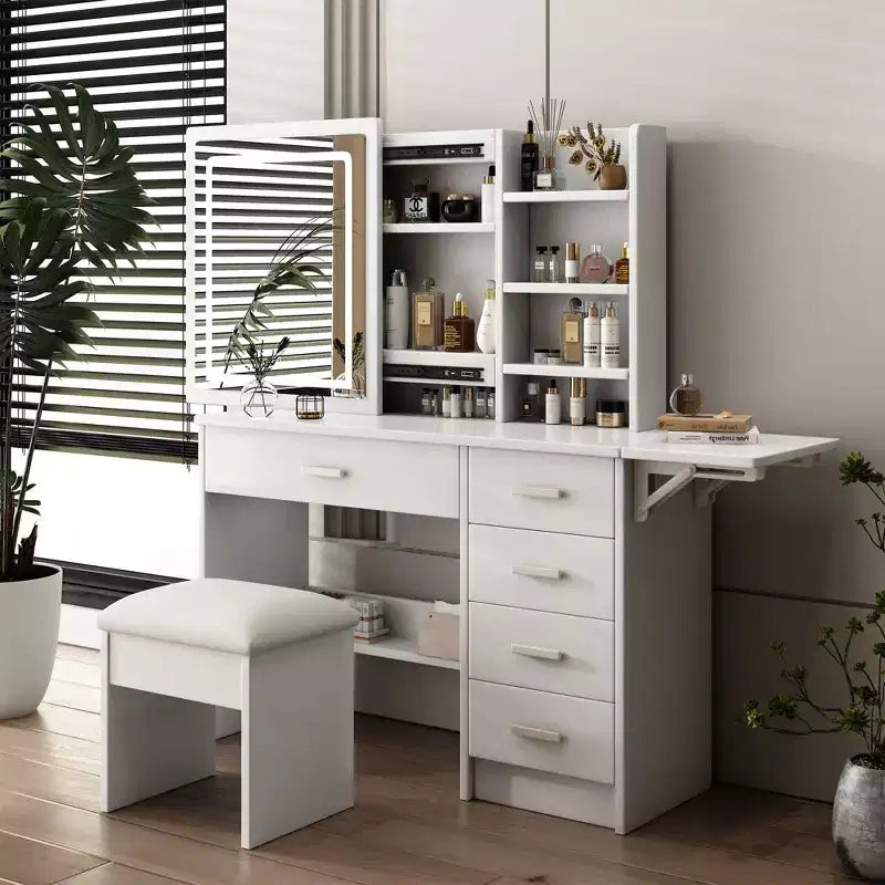 Okak Mobile Trucco con Ripiani Aperti e 5 Cassetti, Tavolo da Trucco con Grande Specchio e Ripiani Laterali, Scrivania da Trucco per Camera da Letto, Bianco