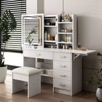 Okak Mobile Trucco con Ripiani Aperti e 5 Cassetti, Tavolo da Trucco con Grande Specchio e Ripiani Laterali, Scrivania da Trucco per Camera da Letto, Bianco