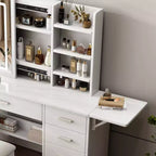 Okak Mobile Trucco con Ripiani Aperti e 5 Cassetti, Tavolo da Trucco con Grande Specchio e Ripiani Laterali, Scrivania da Trucco per Camera da Letto, Bianco