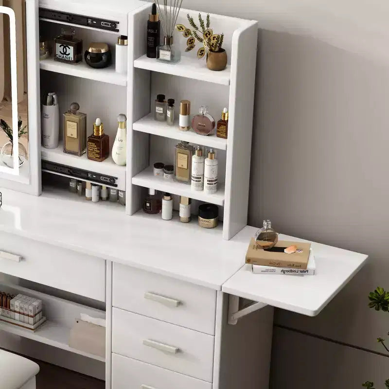 Okak Mobile Trucco con Ripiani Aperti e 5 Cassetti, Tavolo da Trucco con Grande Specchio e Ripiani Laterali, Scrivania da Trucco per Camera da Letto, Bianco