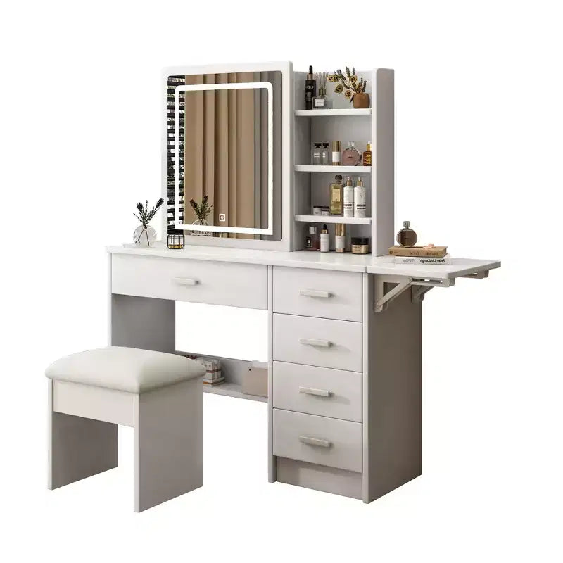 Okak Mobile Trucco con Ripiani Aperti e 5 Cassetti, Tavolo da Trucco con Grande Specchio e Ripiani Laterali, Scrivania da Trucco per Camera da Letto, Bianco