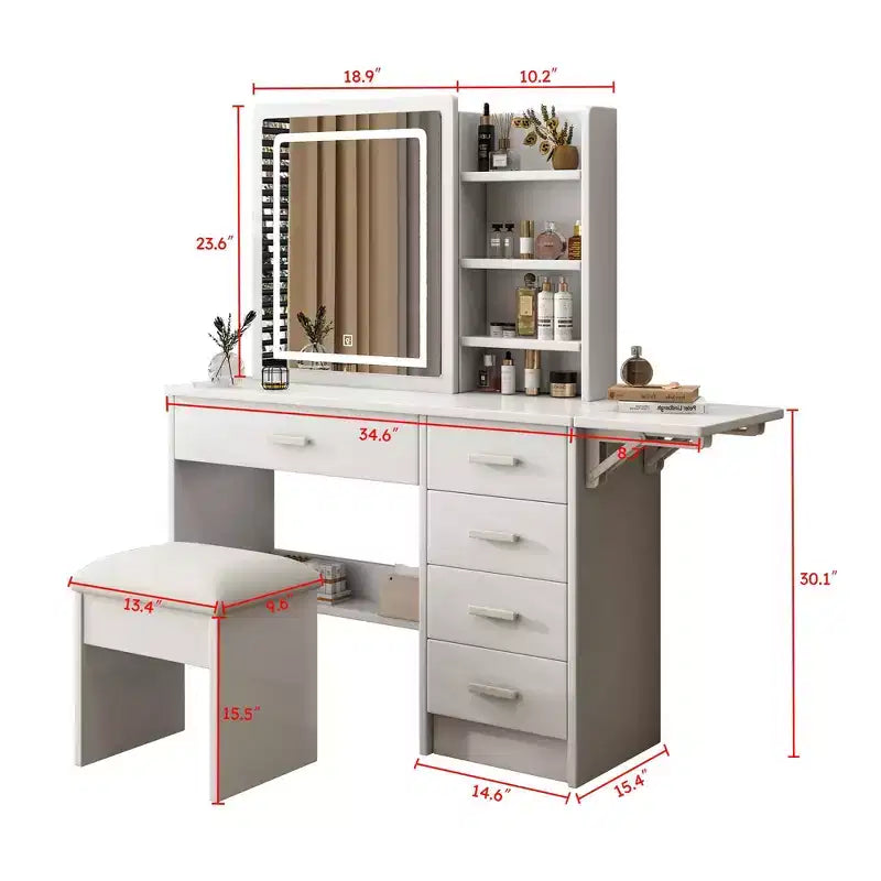 Okak Mobile Trucco con Ripiani Aperti e 5 Cassetti, Tavolo da Trucco con Grande Specchio e Ripiani Laterali, Scrivania da Trucco per Camera da Letto, Bianco