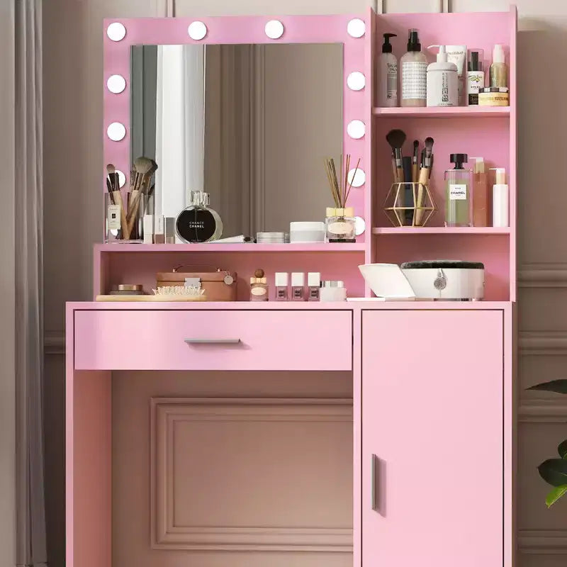 Toeletta Okak con specchio, vanità trucco con ripiani a tre livelli, 1 cassetto e 1 anta, scrivania trucco per camera da trucco