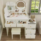 Okak Modern Vanity Desk con specchio rotondo, toletta da trucco per ragazze con sedia imbottita e 7 cassetti, tavolo da trucco per stanza trucco, cabina armadio, bianco