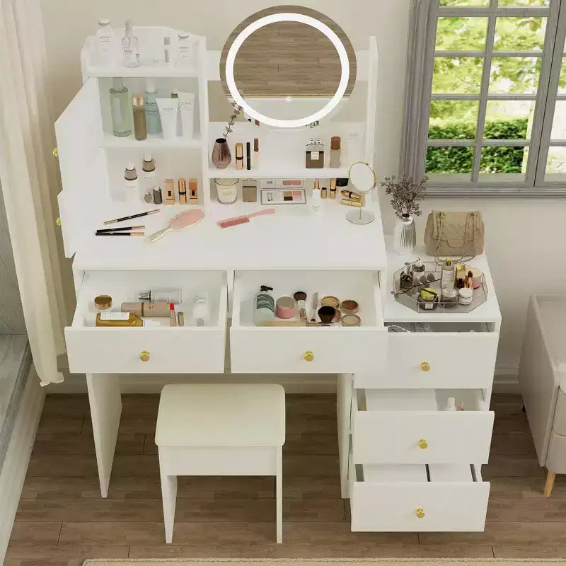 Okak Modern Vanity Desk con specchio rotondo, toletta da trucco per ragazze con sedia imbottita e 7 cassetti, tavolo da trucco per stanza trucco, cabina armadio, bianco