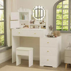 Okak Modern Vanity Desk con specchio rotondo, toletta da trucco per ragazze con sedia imbottita e 7 cassetti, tavolo da trucco per stanza trucco, cabina armadio, bianco