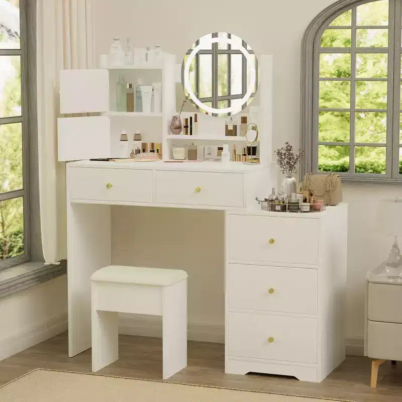 Okak Modern Vanity Desk con specchio rotondo, toletta da trucco per ragazze con sedia imbottita e 7 cassetti, tavolo da trucco per stanza trucco, cabina armadio, bianco