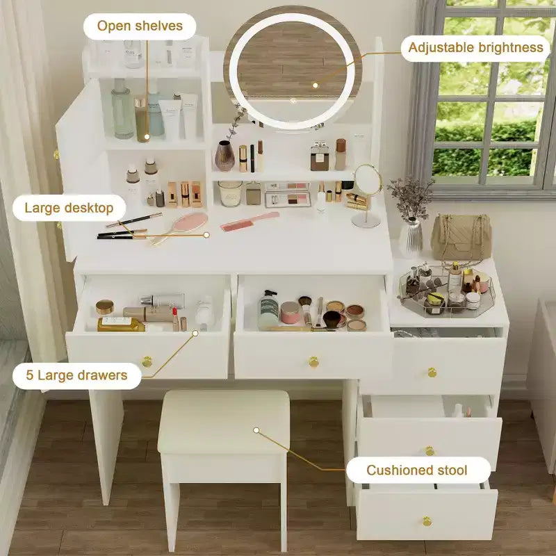 Okak Modern Vanity Desk con specchio rotondo, toletta da trucco per ragazze con sedia imbottita e 7 cassetti, tavolo da trucco per stanza trucco, cabina armadio, bianco