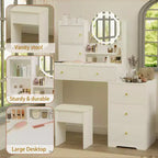 Okak Modern Vanity Desk con specchio rotondo, toletta da trucco per ragazze con sedia imbottita e 7 cassetti, tavolo da trucco per stanza trucco, cabina armadio, bianco