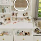 Okak Modern Vanity Desk con specchio rotondo, toletta da trucco per ragazze con sedia imbottita e 7 cassetti, tavolo da trucco per stanza trucco, cabina armadio, bianco