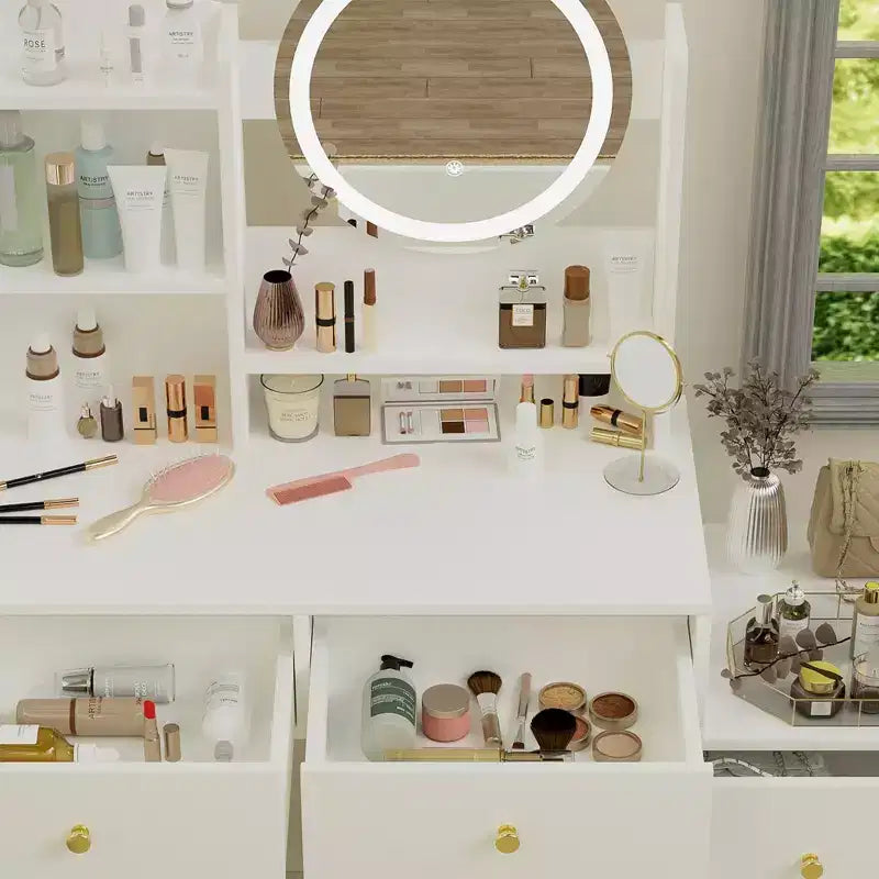 Okak Modern Vanity Desk con specchio rotondo, toletta da trucco per ragazze con sedia imbottita e 7 cassetti, tavolo da trucco per stanza trucco, cabina armadio, bianco