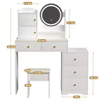 Okak Modern Vanity Desk con specchio rotondo, toletta da trucco per ragazze con sedia imbottita e 7 cassetti, tavolo da trucco per stanza trucco, cabina armadio, bianco