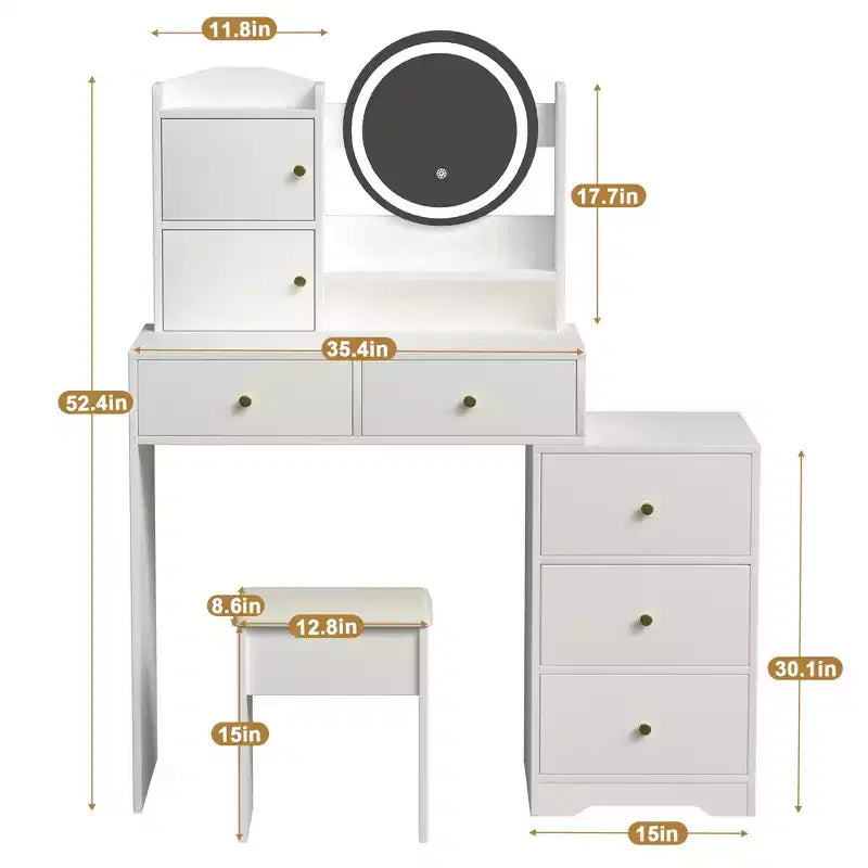 Okak Modern Vanity Desk con specchio rotondo, toletta da trucco per ragazze con sedia imbottita e 7 cassetti, tavolo da trucco per stanza trucco, cabina armadio, bianco